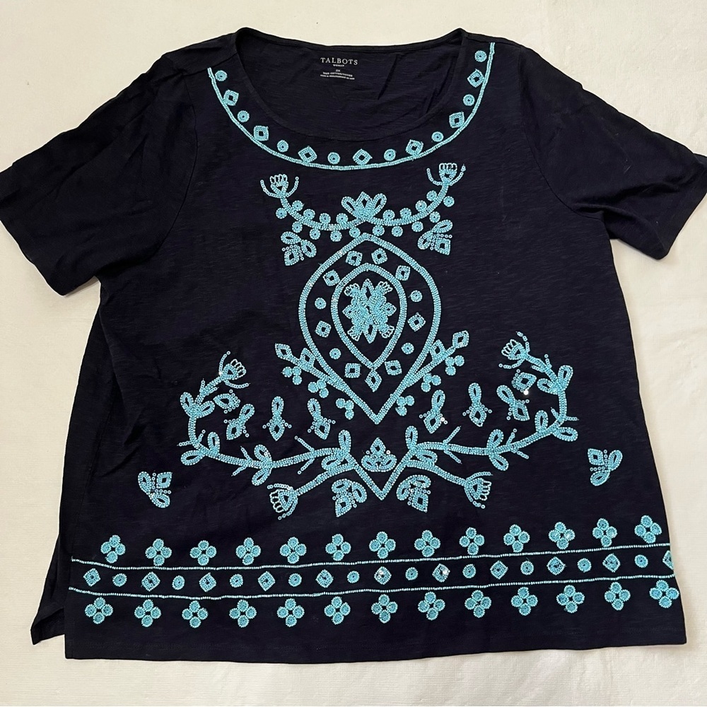 Talbots Blue Beaded Short Sleeve Shirt 100% Cotton